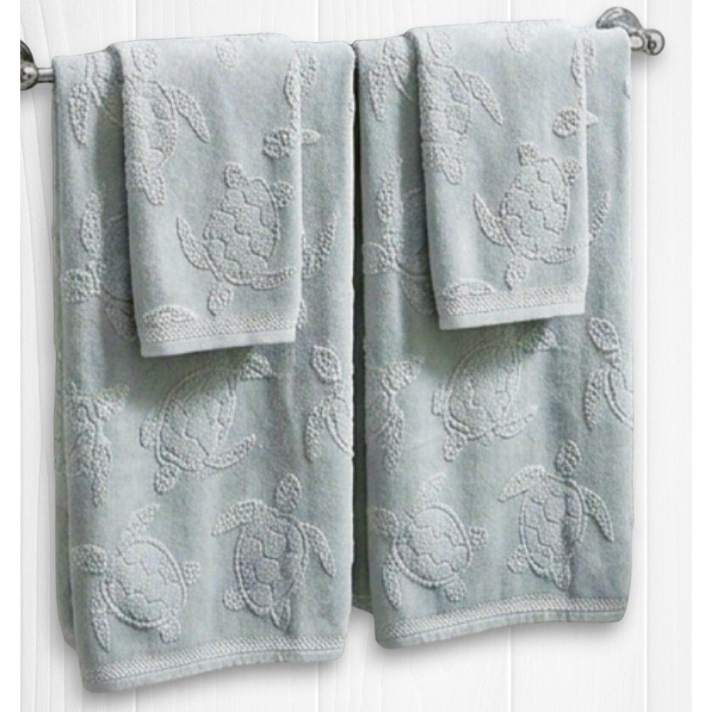Caro Home 4pc Coastal Bath Towel Set Jaquard Sea Turtles Sea Foam Green Cotton